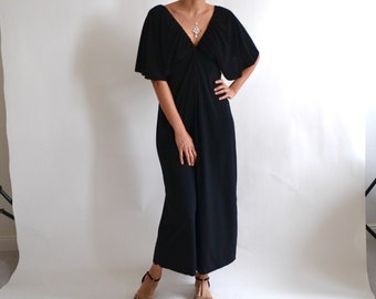 Women&#39;s black kimono sleeve maxi dress, low back dress, v neck dress, evening dress with sleeves, flapper dress, 1920s dress, gatsby style