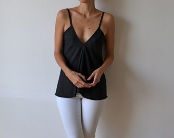 Women's black silk top. Backless top. Black camisole, singlet, tank. Bias cut top, strappy silk top.