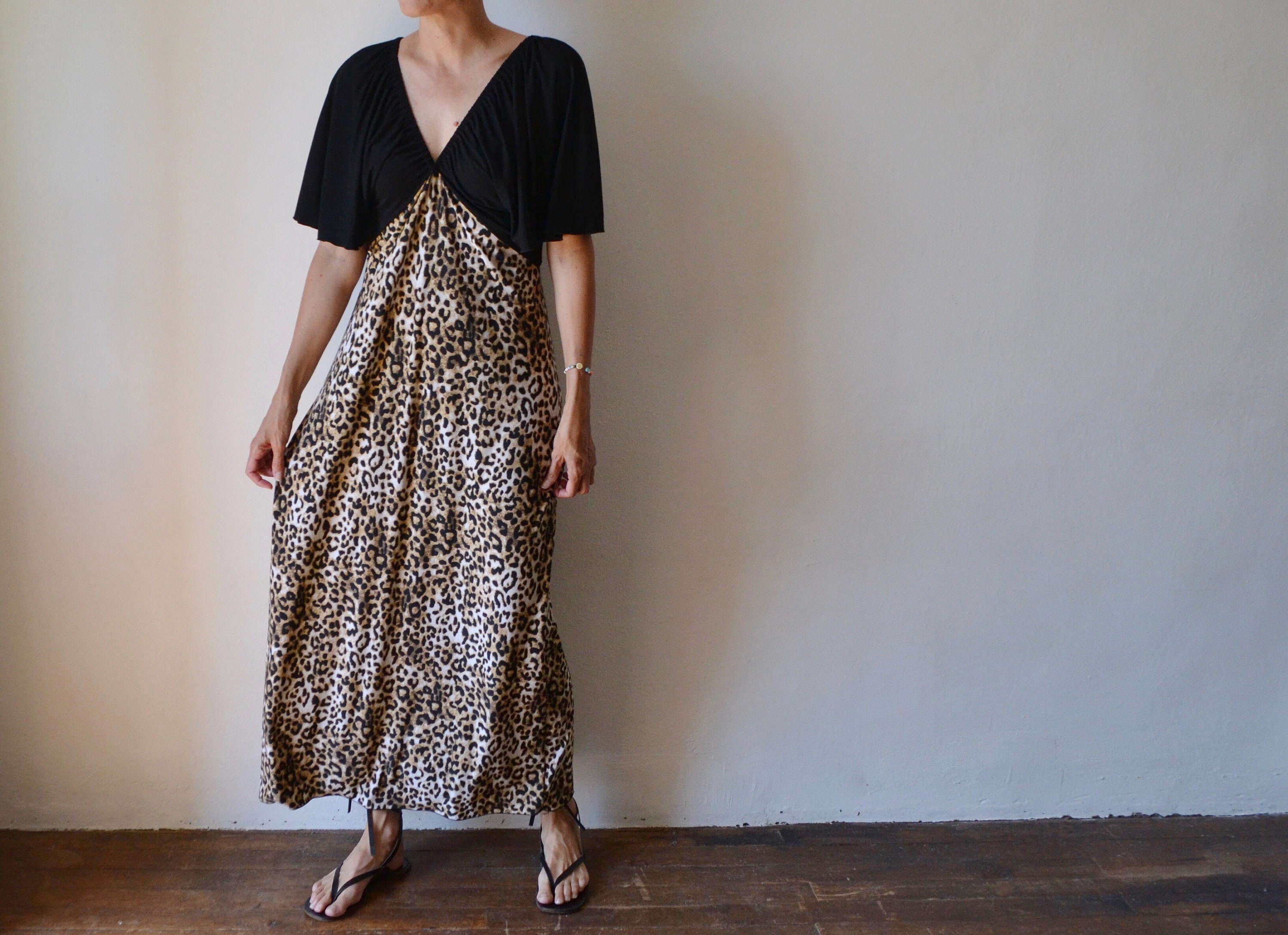 Leopard print long jersey maxi dress animal print jersey dress dresses with sleeves gift for her wedding guest dress party dresses