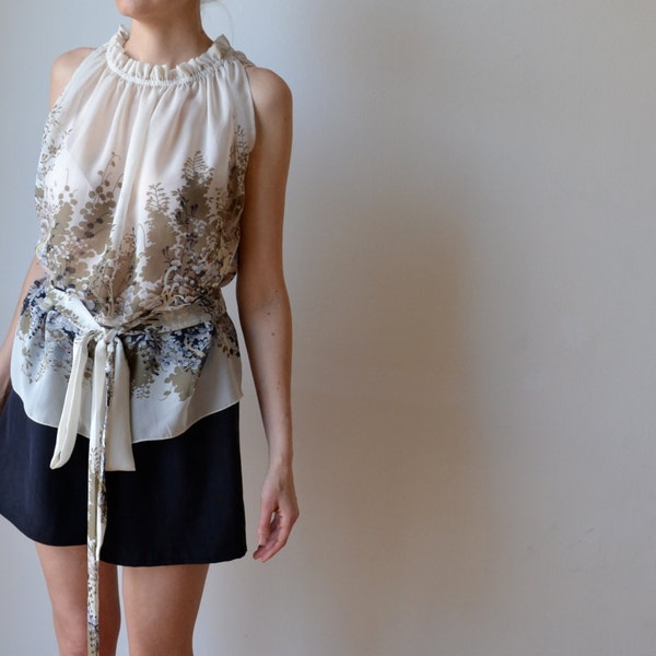 Cream womens silk top blouse. Floral print. High neck blouse. One size fits many.