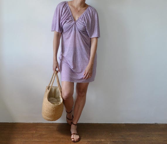 Sheer Beach cover up mini dress in striped linen jersey