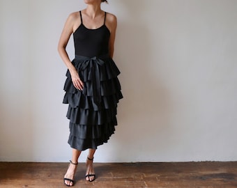 Black ruffled tiered midi skirt, full ruffled skirt, full tiered skirt, evening skirt, midi length skirt