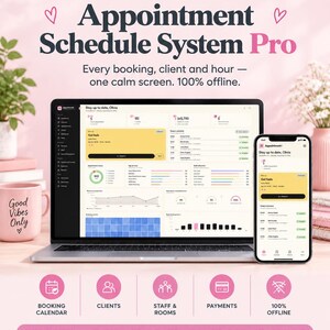 May include: A laptop and smartphone displaying the Appointment Schedule System Pro interface. The screen shows booking data, client lists, and staff schedules. Text includes Appointment Booking System, Every booking, client and hour, and 100% offline.