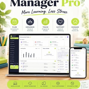May include: Home School Manager Pro digital dashboard displayed on a laptop and smartphone. The interface features student progress, schedules, and course tracking. Includes icons for planning, organising, tracking, support, and home management.