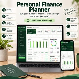 May include: A Finance Manager Pro personal finance planner software displayed on a laptop and smartphone screen. The interface features a dashboard with budget, expense, bill, savings, debt, and net worth tracking tools in a green and white color scheme.