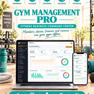 以下が含まれることがあります： Gym Management Proソフトウェアのインターフェースを表示するノートパソコンとスマートフォン。画面には、収益、会員の増加、クラスのデータを示すエグゼクティブダッシュボードが表示されています。テキストにはGym Management Pro Fitness Business Command Centerと書かれています。