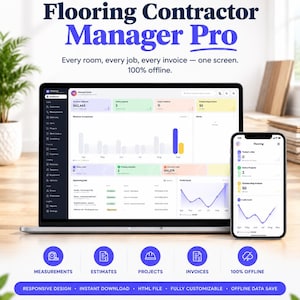 May include: A digital dashboard titled Flooring Contractor Manager Pro displayed on a laptop and smartphone screen. The interface features data visualisations, revenue tracking, and job management tools with text labels for measurements, estimates, projects, and invoices.