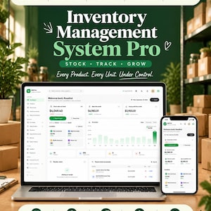 May include: A laptop and smartphone displaying the Inventory Management System Pro dashboard. The screen shows financial data, stock values, and sales reports. The text reads Inventory Management System Pro, Stock, Track, Grow, and Every Product. Every Unit. Under Control.