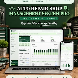Könnte beinhalten: Ein Laptop und ein Smartphone zeigen das Dashboard des Auto Repair Shop Management System Pro. Die Benutzeroberfläche enthält grüne und weiße Diagramme, Finanzdaten sowie Navigationsmenüs für Reparaturaufträge und Inventarverwaltung.