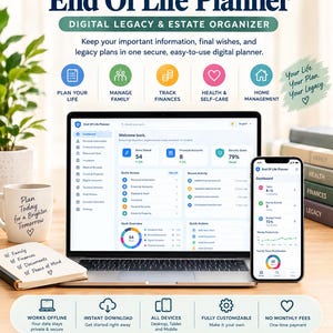 May include: An End Of Life Planner digital legacy and estate organiser displayed on a laptop and smartphone screen. The interface shows dashboards for managing family, finances, health, and home. Text includes Organise, Protect, Plan, Leave a Legacy.