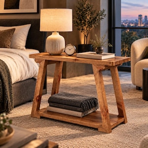 May include: A rectangular wooden console table with an A-frame base and a lower shelf. The table holds a ribbed ceramic lamp, a round analog clock, and a book. A folded dark gray throw blanket and another book rest on the lower shelf.