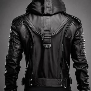 May include: A black hooded jacket featuring a structured back design with vertical zipped pockets, quilted shoulder and sleeve panels, and a horizontal waist belt with metallic hardware. The garment includes a hood and ribbed cuffs.