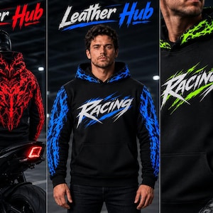 May include: Three black hoodies featuring the text Leather Hub and Racing. One hoodie has red lightning patterns, one has blue lightning patterns on the sleeves and hood, and one has green lightning patterns on the sleeves and hood.