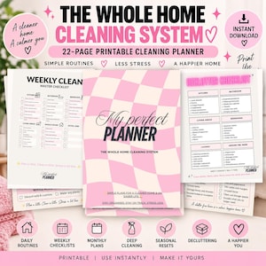 May include: A 22-page printable cleaning planner titled The Whole Home Cleaning System. The cover features a pink and white checkered pattern with the text My Perfect Planner. Includes a weekly cleaning master checklist and a declutter checklist.