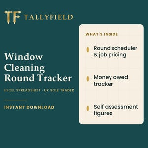 Pode incluir: Um gráfico digital azul-petróleo para uma planilha Excel de rastreamento de rotas de limpeza de janelas da Tallyfield. Lista recursos como agendador de rotas, preços, rastreador de dívidas e números de autoavaliação em uma grade.