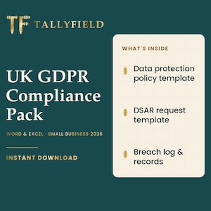 Pode incluir: Um conjunto de documentos digitais em azul-petróleo escuro intitulado UK GDPR Compliance Pack para pequenas empresas 2026. Inclui um painel branco listando um modelo de política de proteção de dados, um modelo de solicitação DSAR e um registro de violações.