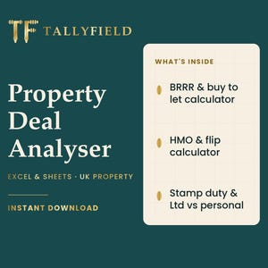 May include: A dark teal digital product graphic titled Property Deal Analyser by Tallyfield. It lists features including a BRRR & buy to let calculator, HMO & flip calculator, and stamp duty & Ltd vs personal calculator for Excel and Sheets.