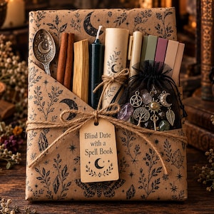 May include: A rectangular book wrapped in brown paper with black celestial and botanical prints, tied with twine and a tag reading Blind Date with a Spell Book. It includes a metal spoon, cinnamon sticks, a candle, a scroll, and a black organza bag.