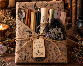 May include: A rectangular book wrapped in brown paper with black celestial and botanical prints, tied with twine and a tag reading Blind Date with a Spell Book. It includes a metal spoon, cinnamon sticks, a candle, a scroll, and a black organza bag.