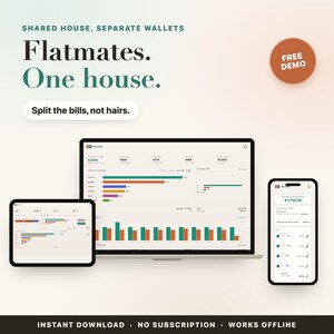 Puede incluir: Una interfaz digital en una computadora portátil, tableta y teléfono inteligente que muestra gráficos de seguimiento financiero. El texto dice: Shared house, separate wallets. Flatmates. One house. Split the bills, not hairs.