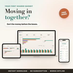 Pode incluir: Uma ferramenta digital de planeamento de orçamento num portátil, tablet e smartphone. O texto diz: YOUR FIRST SHARED BUDGET Moving in together? Sort the money before the boxes. Um emblema laranja circular indica FREE DEMO. A interface mostra gráficos financeiros e listas de transações.