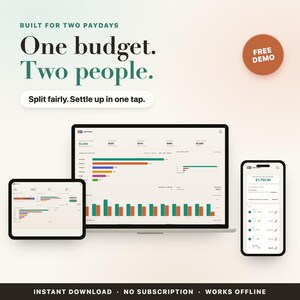 Puede incluir: Una aplicación digital de seguimiento presupuestario en un portátil, una tableta y un smartphone. La pantalla muestra datos financieros, gráficos de barras y el texto: Built for two paydays. One budget. Two people. Split fairly.