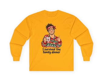 I Survived the Family Dinner long sleeve tee (WM) | Funny Christmas Sweater Art