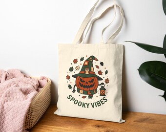Spooky Vibes Pumpkin Witch tote bag | Halloween canvas tote