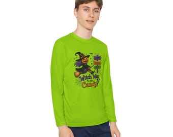 Witch Way to the Candy? Youth Long Sleeve Tee | Halloween Witch Design