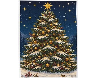 Vintage Snowy Christmas Tree Blanket | Holiday Starry Night Throw