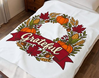 Grateful Autumn Wreath Velveteen Plush Blanket | Pumpkin, Corn, Fall Leaves
