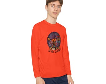 Witch Way to the Candy? Youth Long Sleeve Tee | Halloween Jack-o'-Lantern Signpost