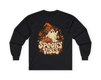 Spooky Vibes Ghost Illustration Long Sleeve Tee | Halloween pumpkin lantern