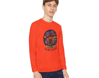 Witch Way to the Candy? Youth Long Sleeve Tee | Halloween Jack-o'-Lantern Signpost