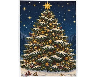 Vintage Snowy Christmas Tree Blanket | Holiday Starry Night Throw