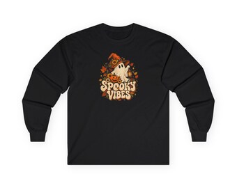 Spooky Vibes Ghost Illustration Long Sleeve Tee | Halloween pumpkin lantern