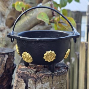 May include: A black cast iron cauldron featuring a rounded body, three short legs, and a curved metal handle. The exterior is decorated with several gold-colored circular emblems, each embossed with a distinct geometric symbol around the center.