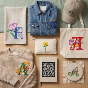 Puede incluir: Una colección de artículos con diseños de la letra A: una toalla beige, una chaqueta vaquera azul, una gorra beige, una bolsa de tela beige, un estuche con cremallera beige con una flor amarilla, un suéter beige con un gato, un cuaderno y un bastidor.