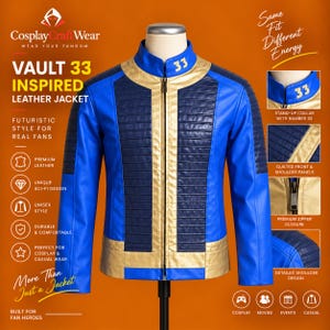 May include: A blue and gold leather jacket featuring a stand-up collar with the number 33 embroidered in white. The jacket has a full-length front zipper closure, quilted panels on the chest and shoulders, and a color-blocked design.