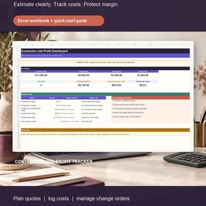 May include: A digital Contractor Job Profit Dashboard displayed on a laptop screen. The spreadsheet includes sections for contract value, actual costs, gross profit, and decision views with metrics, targets, and operating reminders for job tracking.