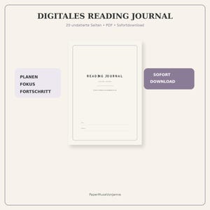 Könnte beinhalten: Eine digitale Lesetagebuch-Vorlage auf einer cremefarbenen Seite mit schwarzem Text. Die Überschrift lautet DIGITALES READING JOURNAL, 20 undatierte Seiten, PDF, Sofortdownload. Die Seite enthält den Text READING JOURNAL, PLANEN, FOKUS, FORTSCHRITT, SOFORT DOWNLOAD und PaperMuseVonjamie.