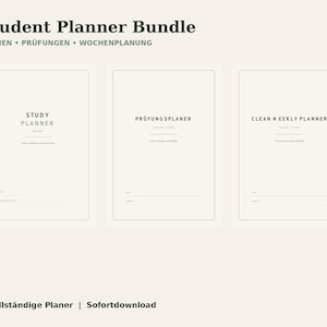 Könnte beinhalten: Ein Studentenplaner-Set mit drei cremefarbenen Planerseiten mit schwarzem Text. Die Titel lauten Study Planner, Prüfungsplaner und Clean Weekly Planner. Die Kopfzeile zeigt Student Planner Bundle, Lernen, Prüfungen, Wochenplanung.