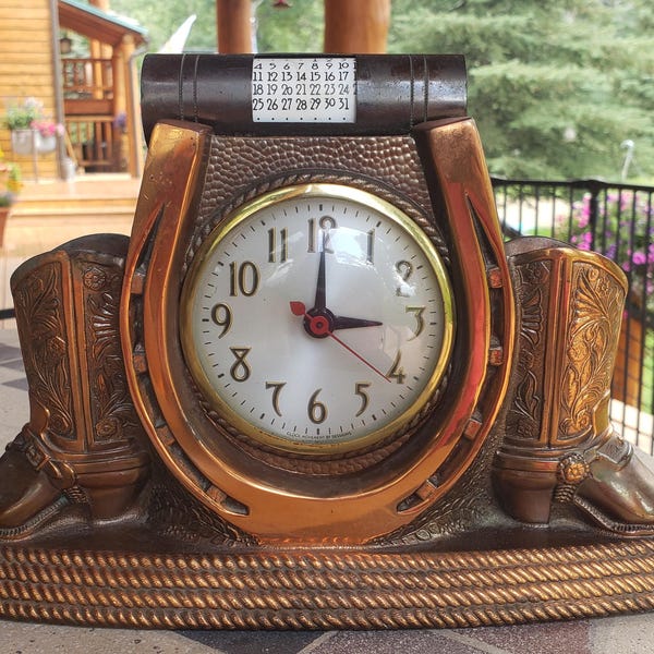 Vintage Western Sessions Clock with Horseshoe & Boots, Not Working
