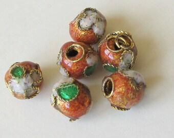 12 Cloisonne orange enameled beads 6mm