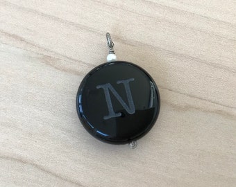 Black agate pendant with initial N and genuine pearl, sterling silver