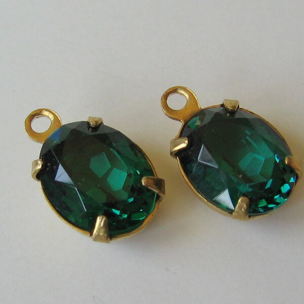 2 Emerald Green Swarovski Oval Crystals Set in Brass with RIng 10x8mm