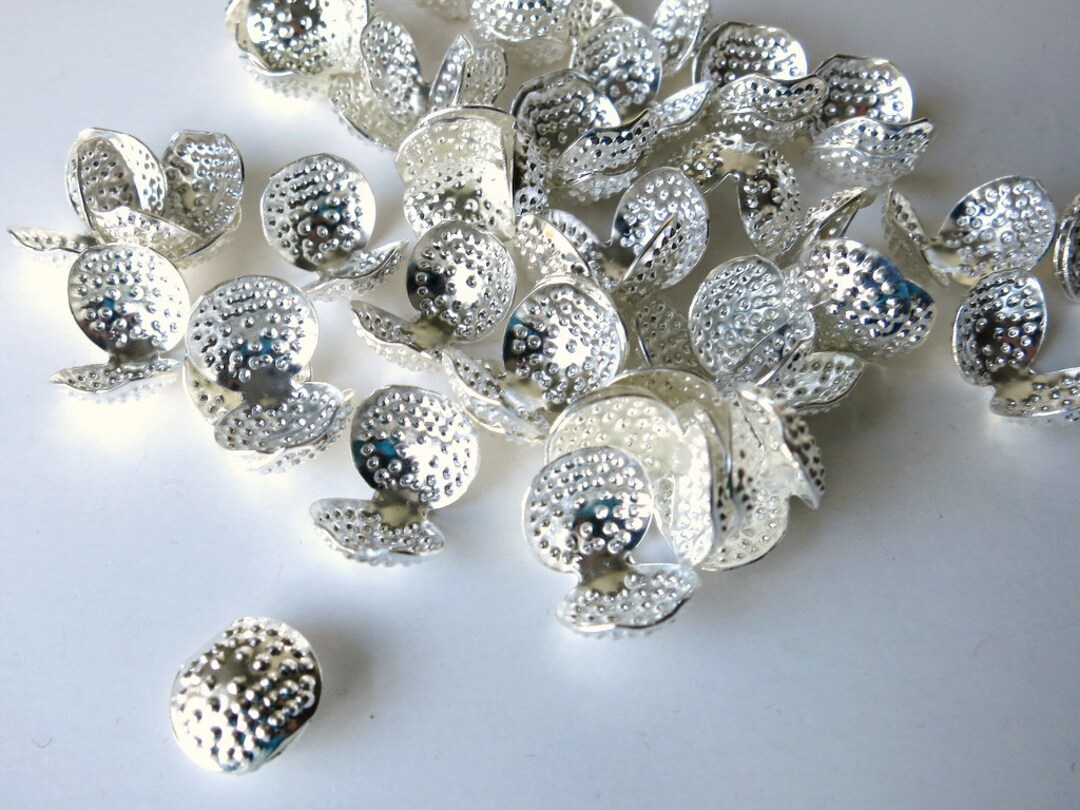 36 Silver Tone Bead End Caps Clamshell Crimping Beads Knot Covers One