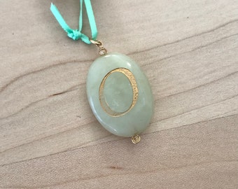 Initial O engraved on Soo Chow Jade pendant stone, 14k gold filled