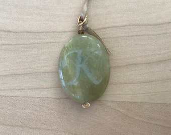 Initial K engraved on Soo Chow Jade pendant stone, 14k gold filled