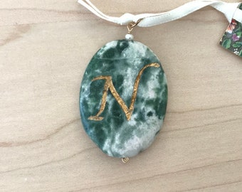 Initial N Green Spot Jasper pendant stone with tiny pearl and 14k gold filled